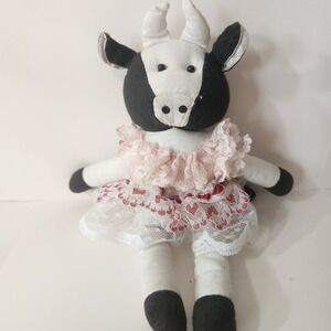 Vintage Handmade Primitive Cow Plush Doll with Lace Heart Tutu Farmhouse FolkArt